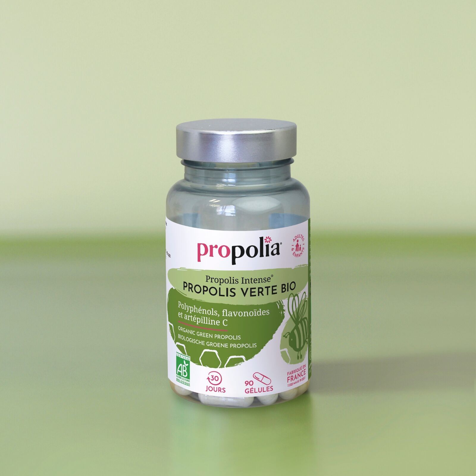 Organic Green Propolis Capsules - 150 mg purified propolis per capsule - Made in France - Jar of 90 Capsules