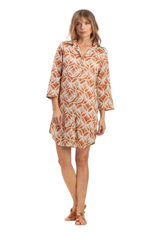 Chemise longue "Rosaces marron pecan" boutonnée,base arrondie,2poches,cot SMLXL