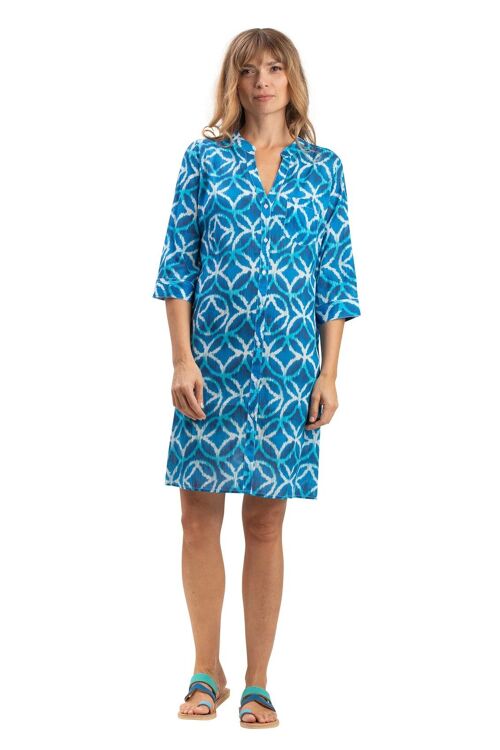 Tunique mi-longue "rosace bleu Pacifiq"1 poche,boutonnée,manches 3/4 coton SMLXL