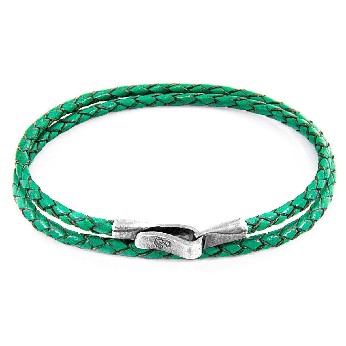 Bracciale Liverpool in argento e pelle intrecciata verde felce