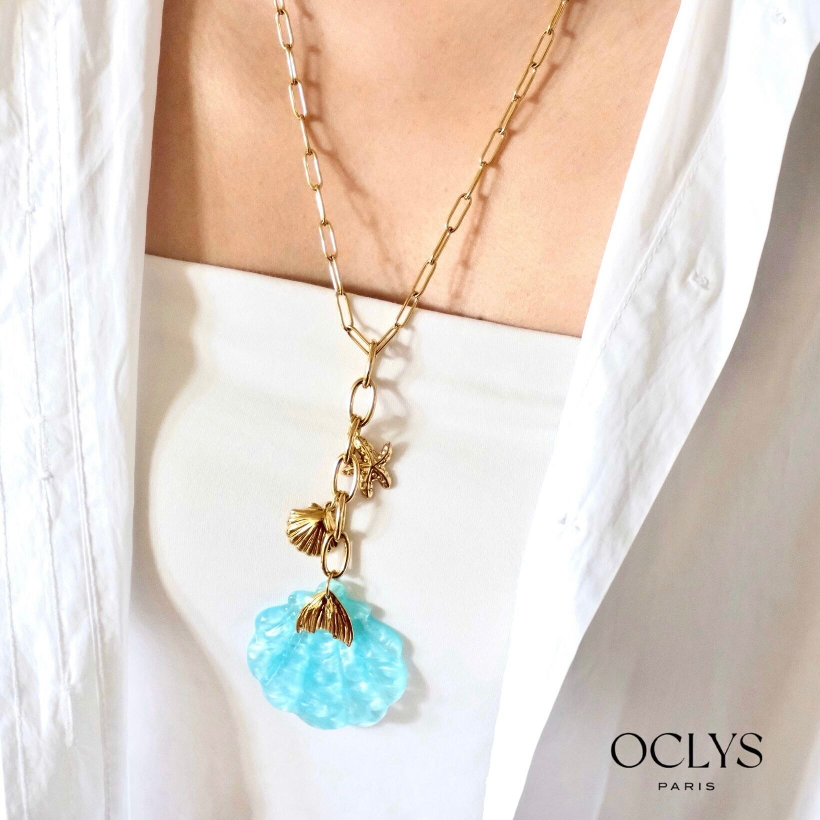 Collana Sara in acciaio inossidabile placcato oro e resina a forma di Y