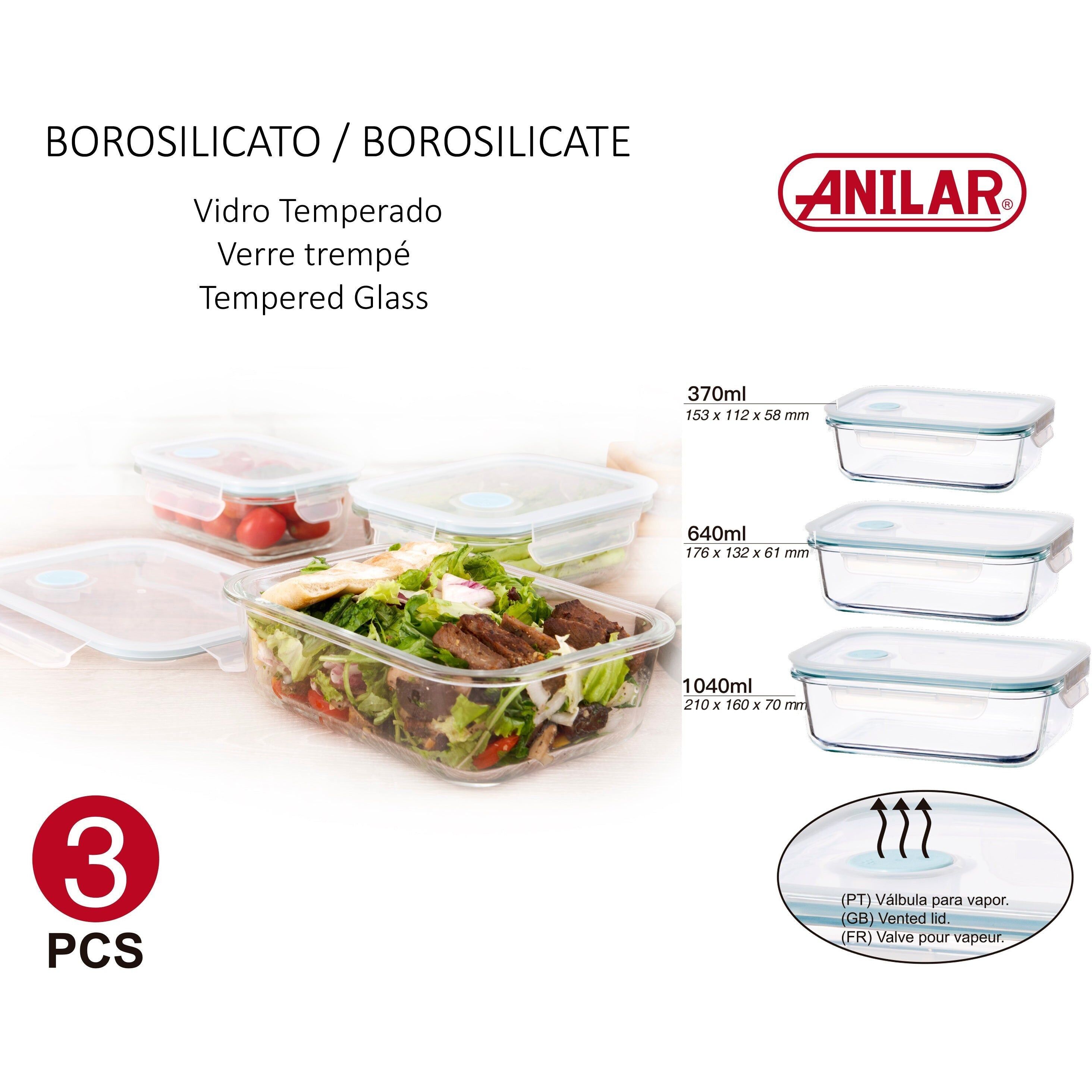 Tempered Glass Rectangular Food Storage with Vented Lids - Set of 3