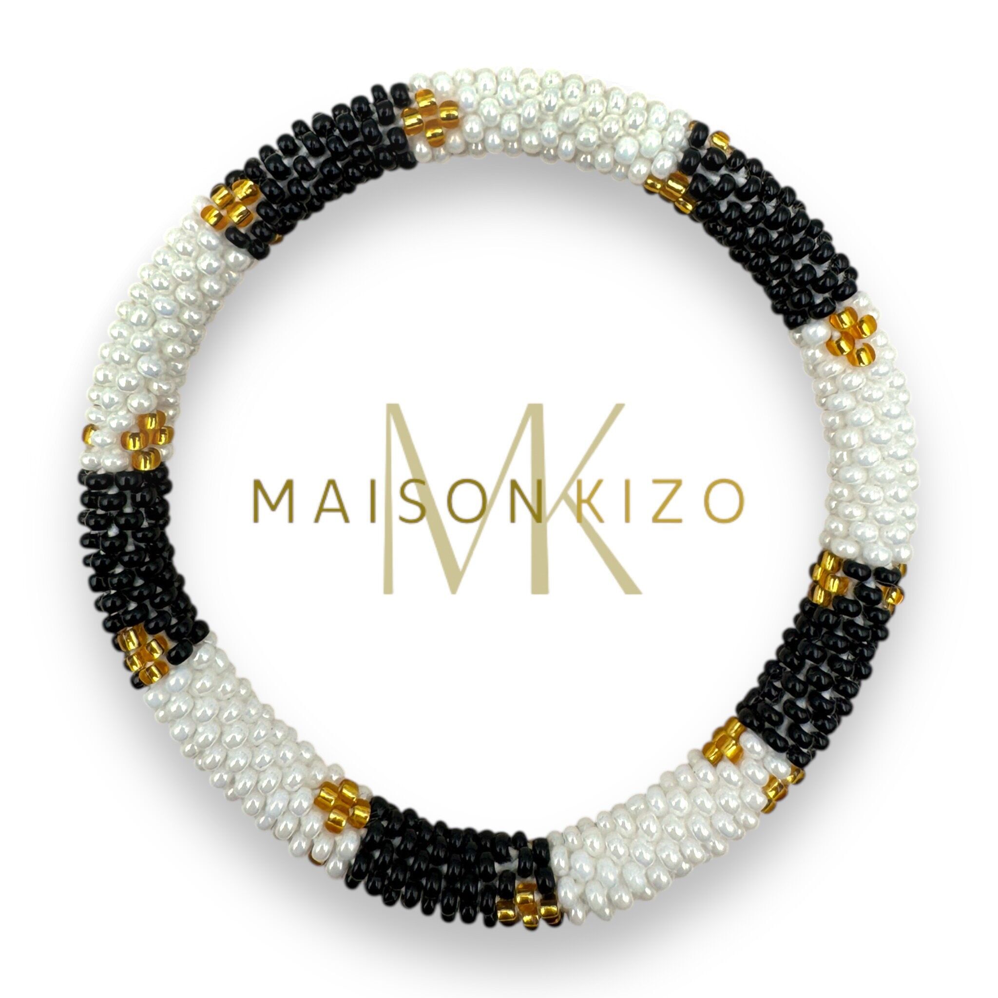 Nepalese beaded bracelet Black gold white N17