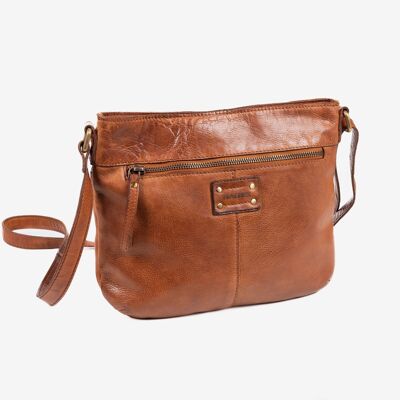 SAC BANDOULIÈRE EN CUIR LAVÉ POUR FEMME, COULEUR CUIR. 28x23x05CM