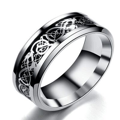 Stainless steel ring Vilkas with dragon pattern