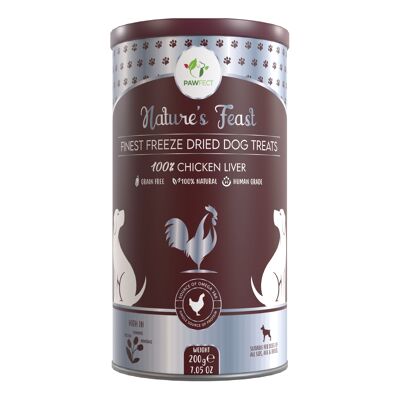 Premios liofilizados para perros Pawfect Nature's Feast | Premio de hígado de pollo 100 % natural | Un solo ingrediente | Sin cereales | Complemento alimenticio para gatos (200 g/7 oz)