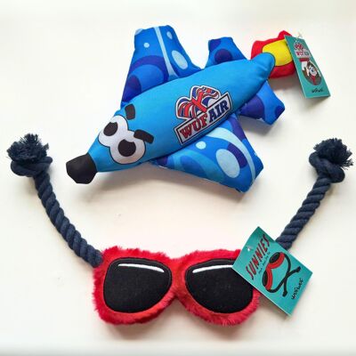 Paquete de juguetes de peluche para perros WufWuf High-Flying Pilot: avión, gafas de sol y cuerda