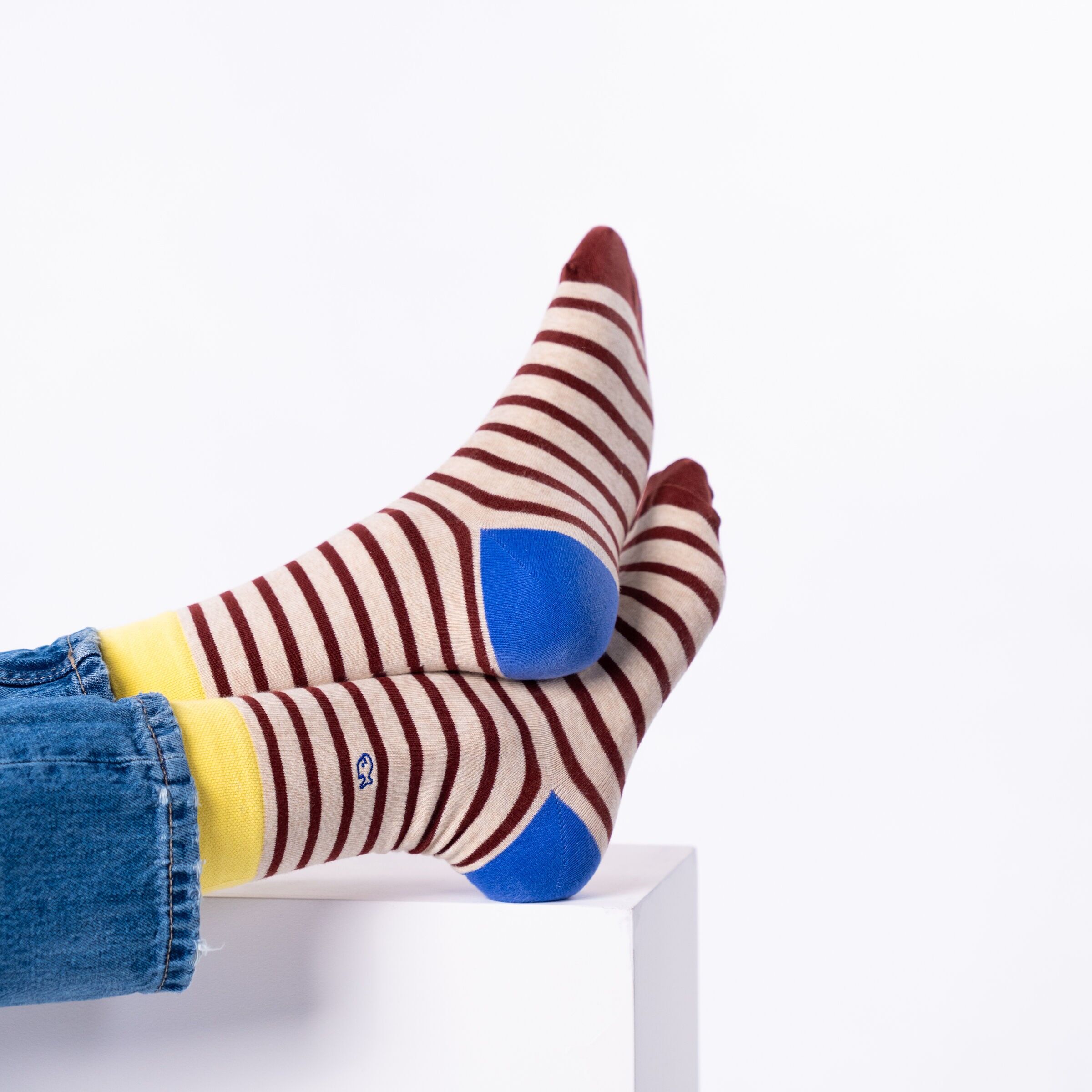 Calzini in cotone pettinato a righe larghe - Beige, righe bordeaux