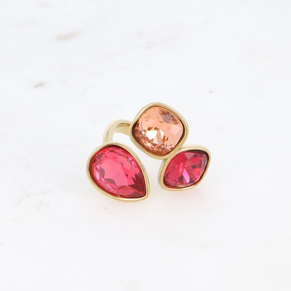 Anello aperto - 3 cristalli tagliati, goccia e quadrato 10mm - montatura in oro e rodio
