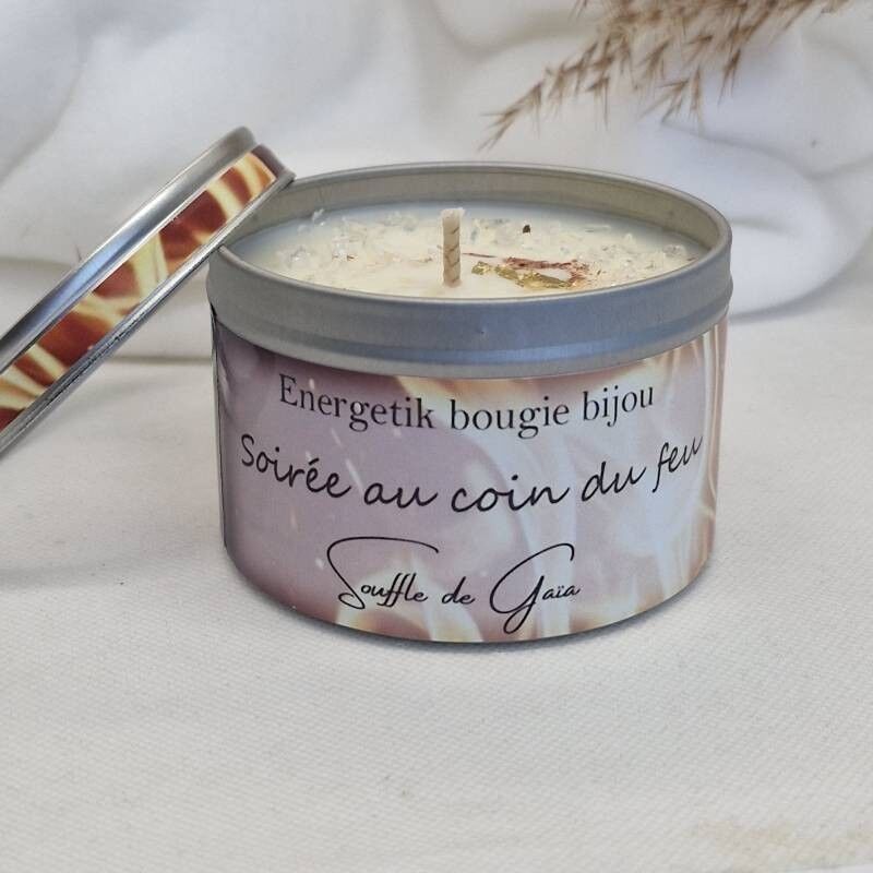 Bougie bijou senteur soirée au coin du feu - cire naturelle -parfum de Grasse - avec un pendentif en pierre de lithothérapie en cadeau