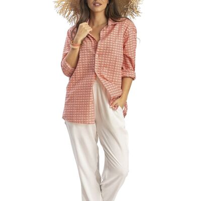 Blusa "Coral Flowers", maniche lunghe, 2 tasche, cotone SMLXL