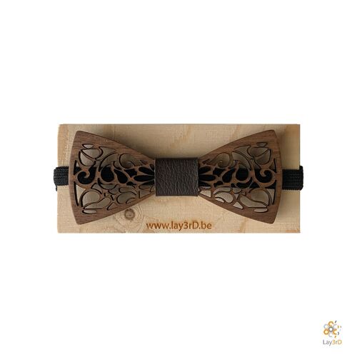 Lay3rD Lasercut - Noeuds papillon en bois - Noyer foncé - Boucles - Cuir noir-Noyer foncé-