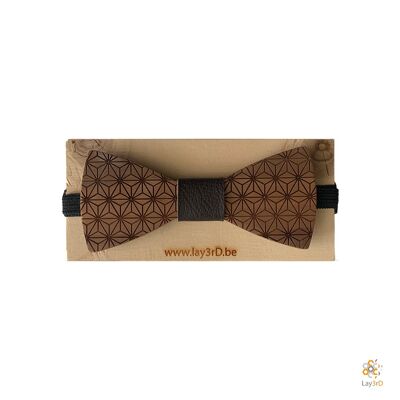 Lay3rD Lasercut - Wooden Bow Ties - Dark Walnut - Flowers - Black Leather-Dark Walnut-