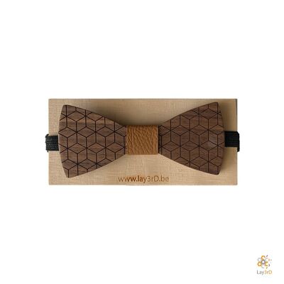 Lay3rD Lasercut - Noeuds papillon en bois - Noyer foncé - Cubes - Cuir marron clair-Noyer foncé-