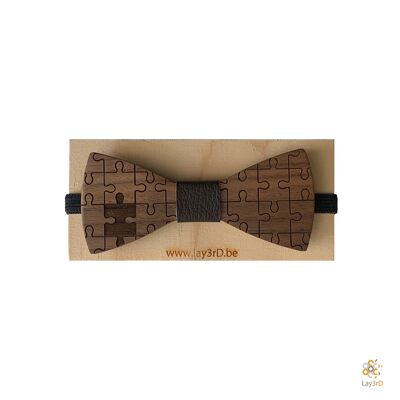 Lay3rD Lasercut - Wooden Bow Ties - Dark Walnut - Puzzle Pieces - Black Leather-Dark Walnut-