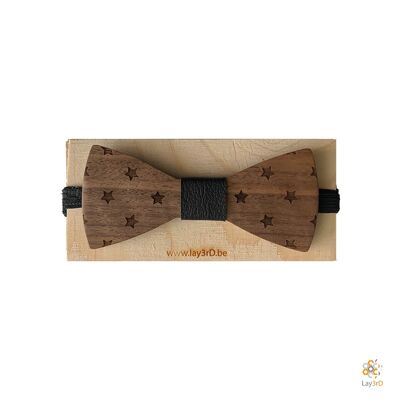 Lay3rD Lasercut - Wooden Bow Ties - Dark Walnut - Stars - Black Leather-Dark Walnut-