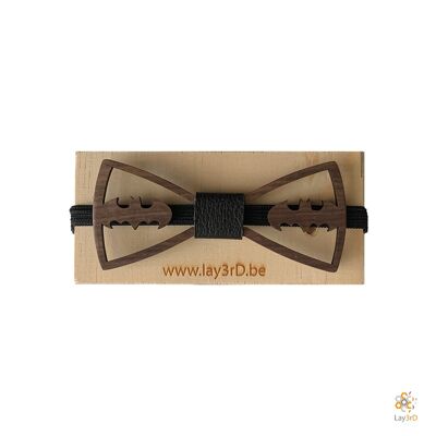 Lay3rD Lasercut - Wooden Bow Ties - Dark Walnut - Batman - Black Leather-Dark Walnut-