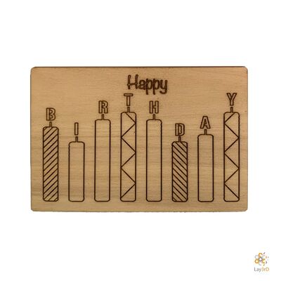 Lay3rD Lasercut - Tarjeta de felicitación de madera - "Velas de feliz cumpleaños"
-Abedul-