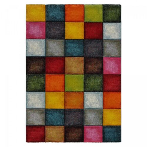 Tapis salon 160x230 tissé rouge et jaune rectangle motif damier BEFI