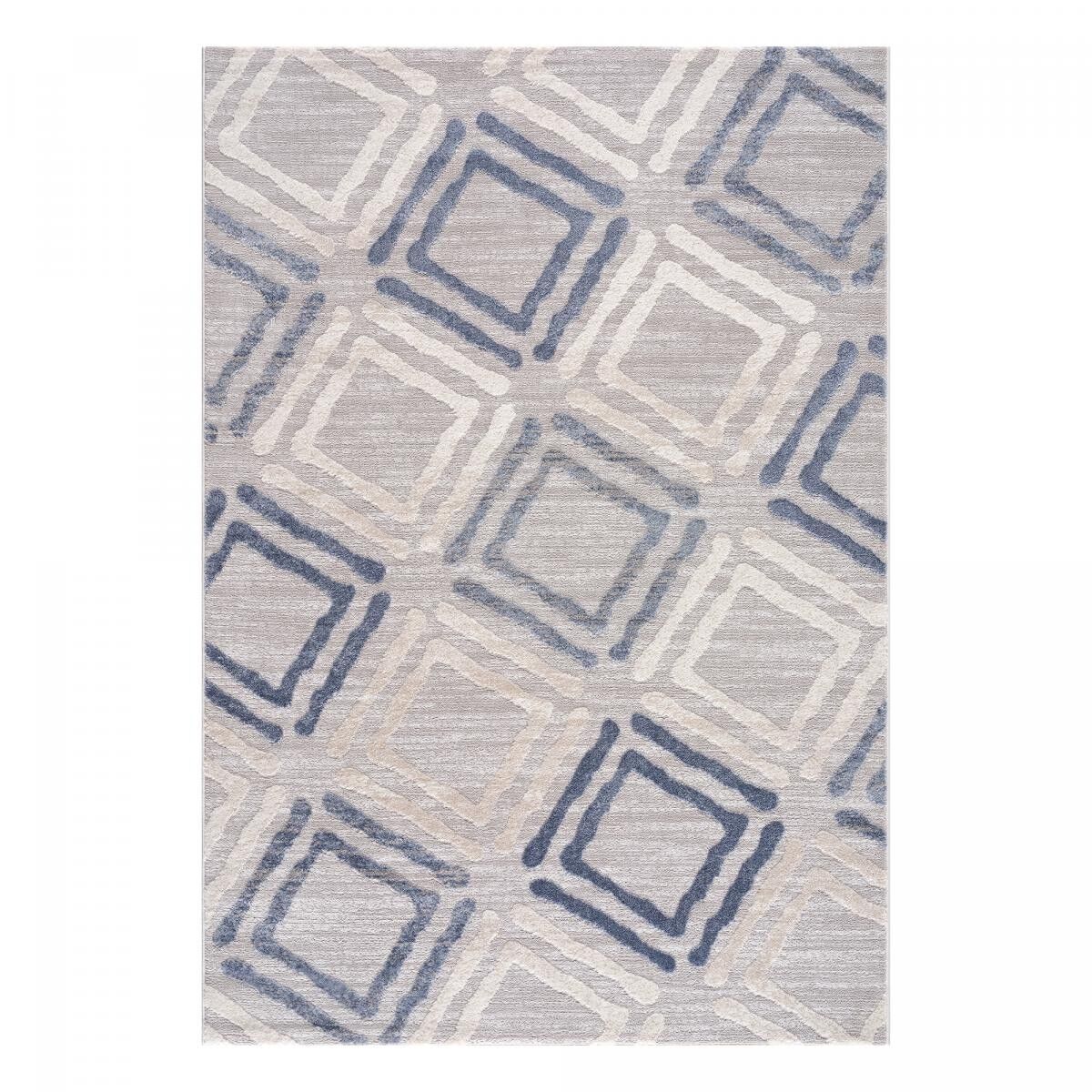 Tapis salle à manger 160x220 tissé gris clair et bleu motif géométrique