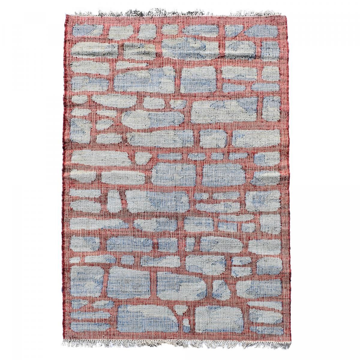 Handwoven jute kilim rug with geometric patterns in wine lees and sky blue