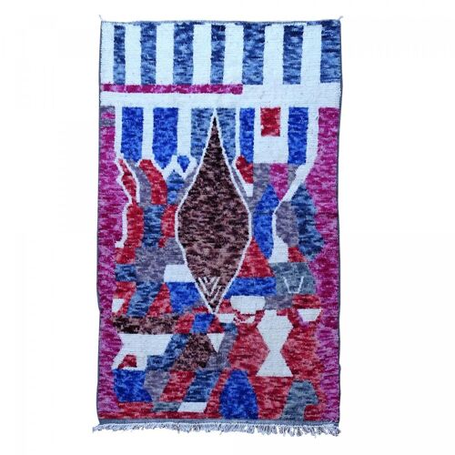 Authentique tapis berbère 145x235 fait à la main en laine blanc cassé et bleu HAGU motif ethnic
