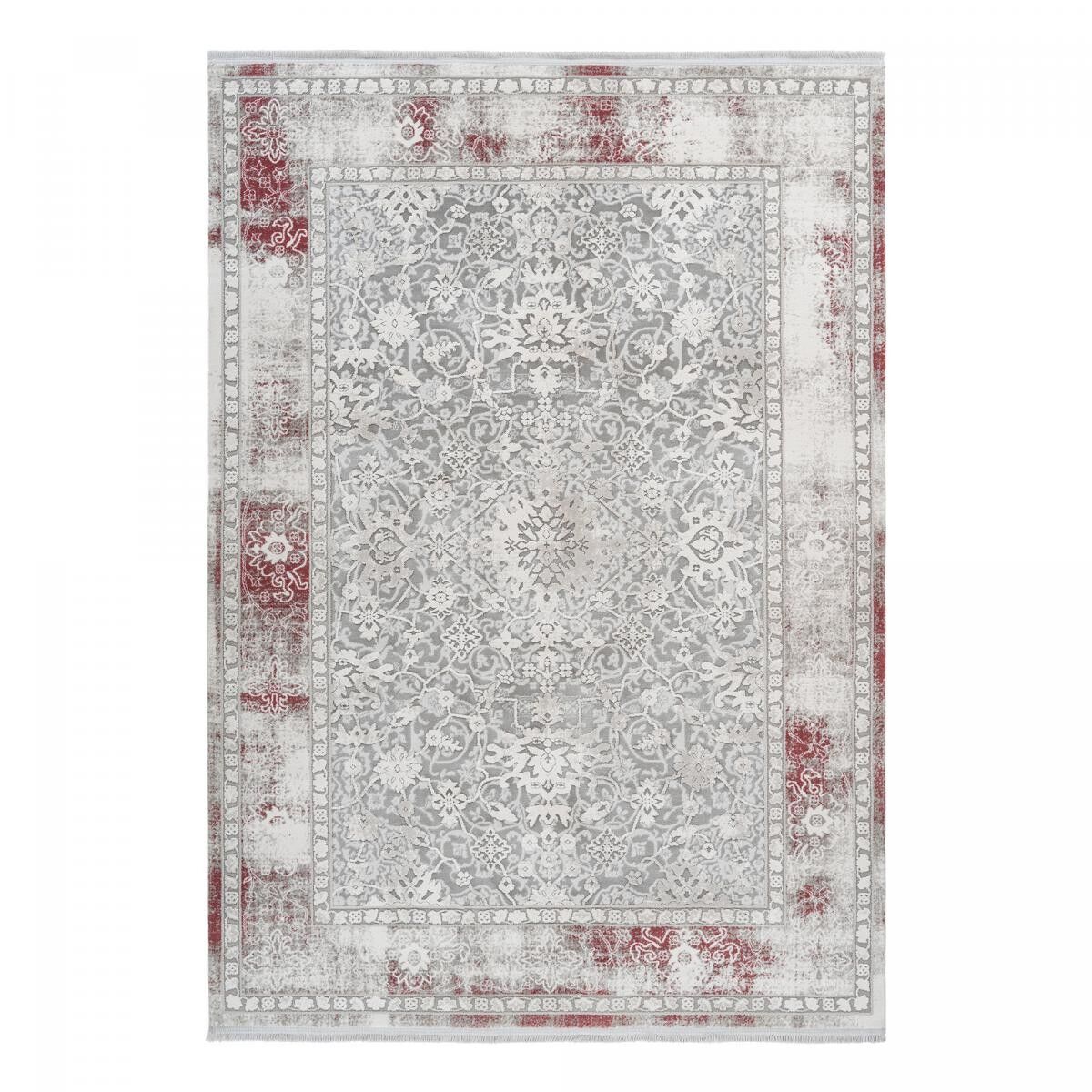 Tappeto runner 80x300 tessuto in acrilico grigio e rosso rettangolo motivo orientale