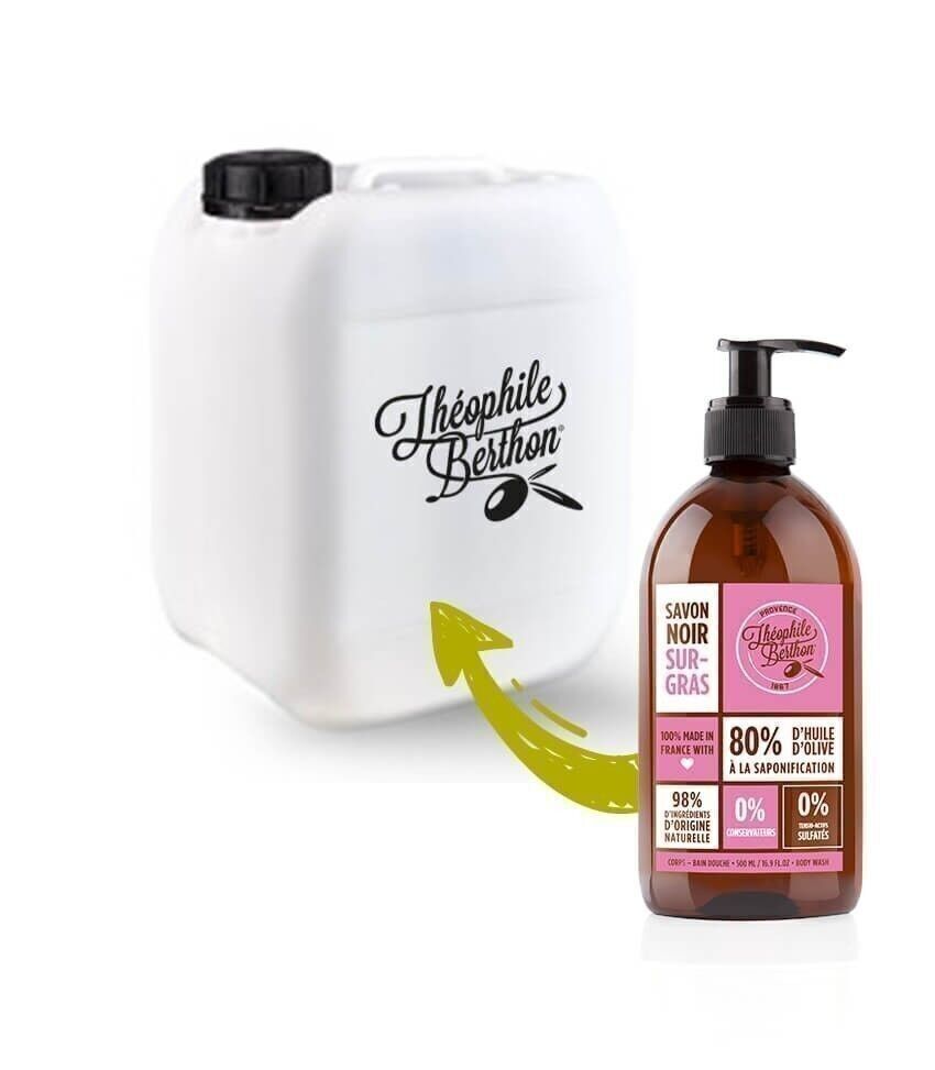 Lattina da 5 litri di sapone nero surgras con olio di oliva grigon. Litchi rosa