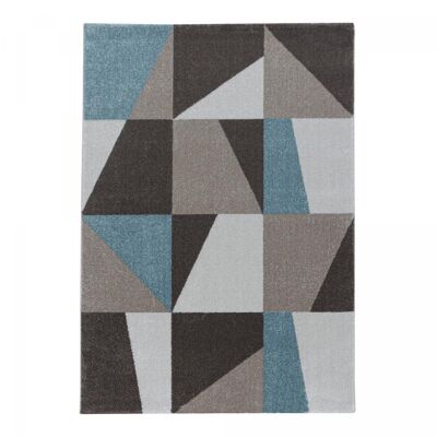 Alfombra de comedor 200x290 tejida con patrón geométrico rectangular azul y marrón