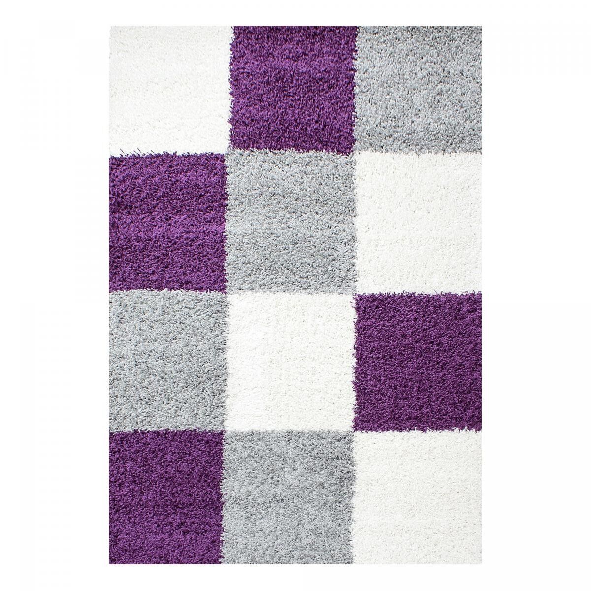 Tappeto Shaggy a pelo lungo 60x110 rettangolo intrecciato motivo a scacchiera viola e grigio