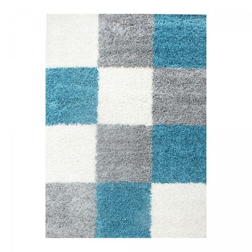 Tapis poils longs shaggy 60x110 rectangle tissé bleu ciel et gris motif damier
