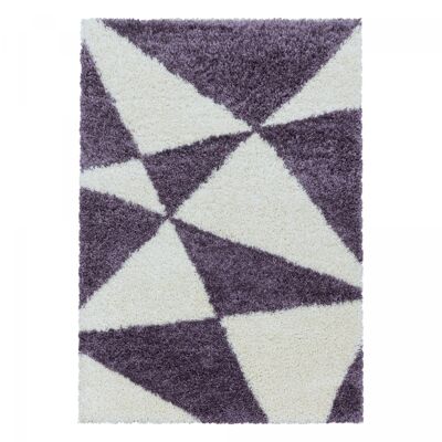 Tapis shaggy 140x200 rectangle tissé violet et crème motif géométrique