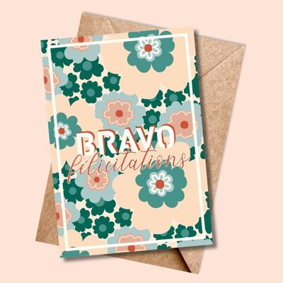 BRAVO CONGRATULATIONS Biglietto d'auguri floreale - Illustrazione 10x15cm
