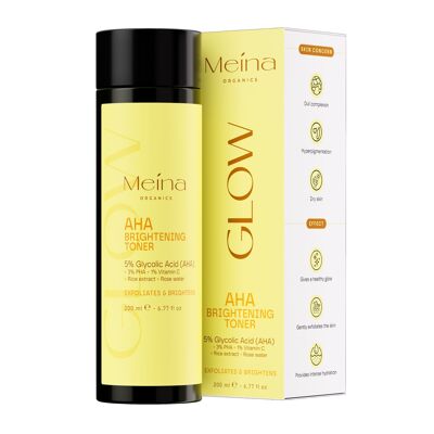 Meina AHA Glow Toner, Peeling esfoliante viso con acido glicolico al 5% con vitamina C, PHA, estratto di riso e acido ialuronico, cura della pelle contro iperpigmentazione e macchie scure, leggero e ad assorbimento rapido, 200 ml