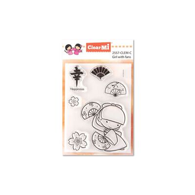 Timbres en polymère transparent Fille avec éventails - Yoshimi