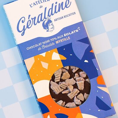 Chocolat 70% aux éclats de bricelets Myrtille - Tablette de 80 gr