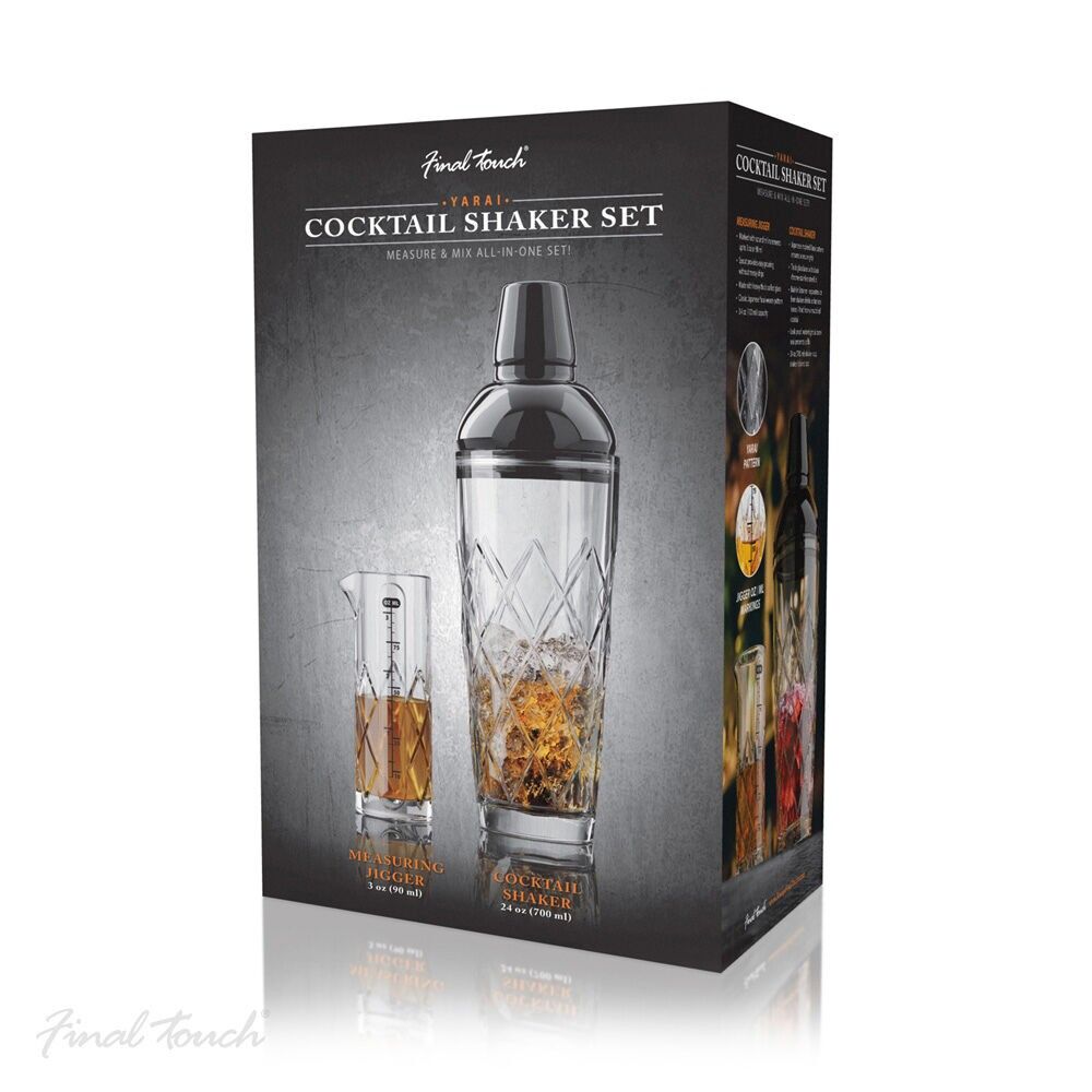 Final Touch Yarai Glass Shaker and Jigger Set with Black Chrome Finish
