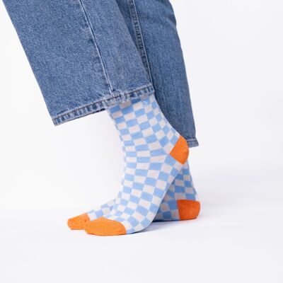 Chaussettes en coton peigné Carreaux Bleu clair et beige