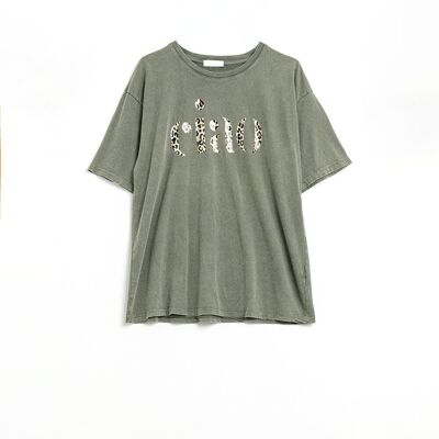 relaxed Khaki T-shirt With Ciao in Leopard Print