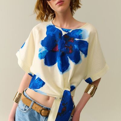 Chemisier court blanc à imprimé floral tropical bleu