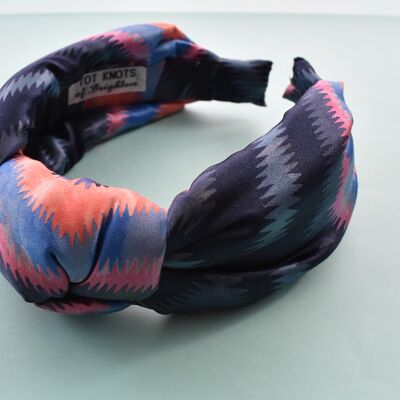 Luxury Silk Knot Alice band - Liberty of London Artist Geo Jewel Silk Satin blue and pink ikat printed silk