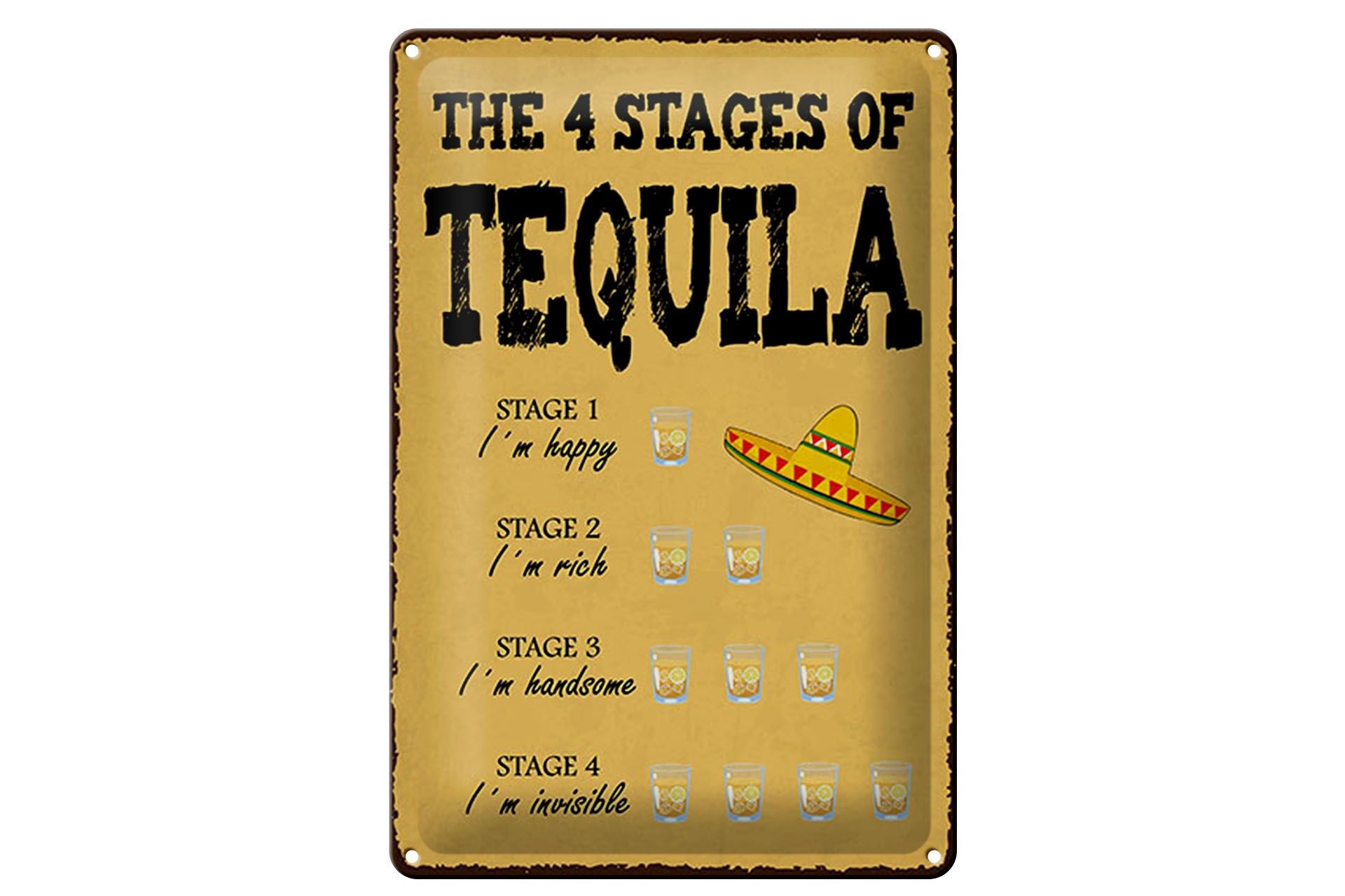 Blechschild Spruch 12x18 cm The 4 stages of Tequila Deko Schild