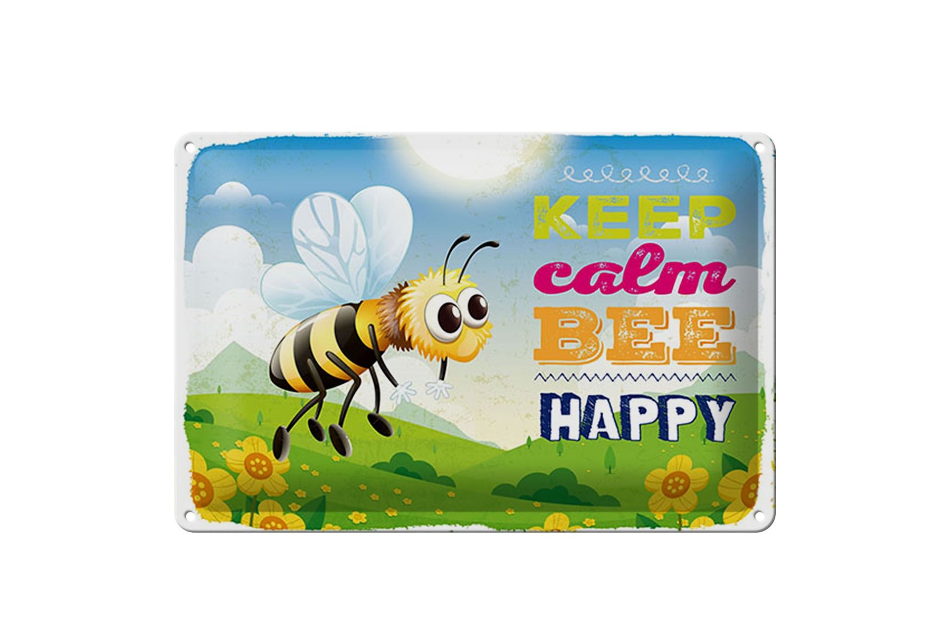 Blechschild Spruch 12x18 cm Keep calm bee happy Biene Wiese Deko Schild