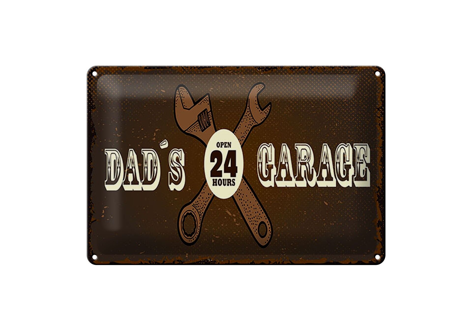 Blechschild Hinweis 12x18 cm Dad´s Garage open 24 hours braunes Deko Schild