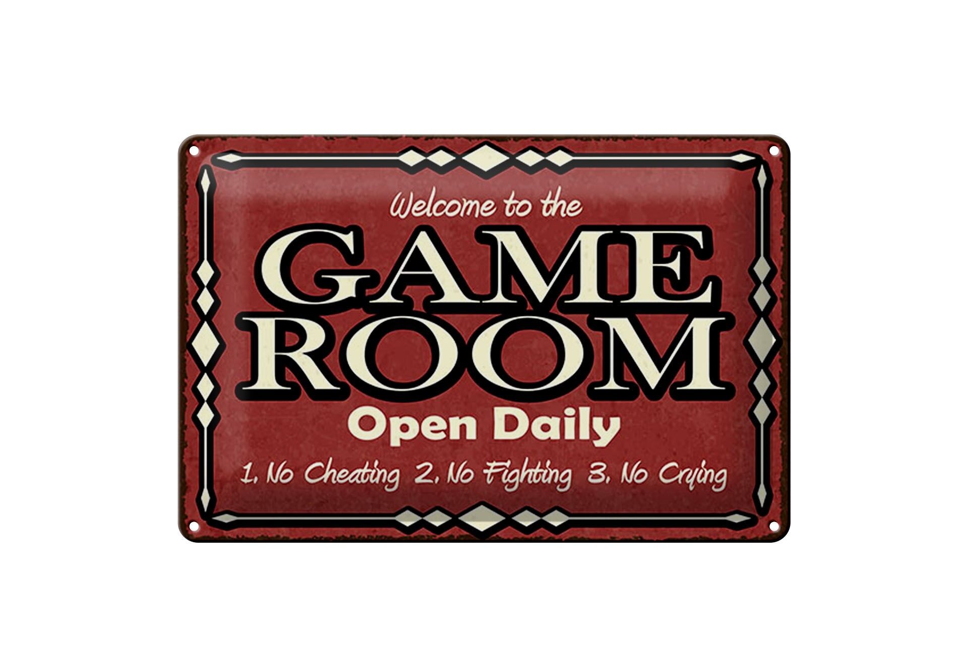Blechschild Spruch 12x18 cm Game room open daily rotes Deko Schild