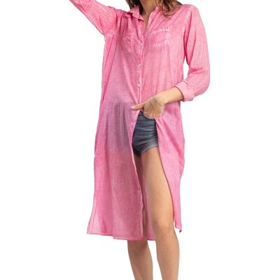 Long pink washed shirt, 2 pockets, buttoned, straight hem, slits, cotton SMLXL