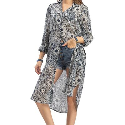 Long "Flower navy" shirt, 2 pockets, buttoned, straight hem (S-M-L-XL)