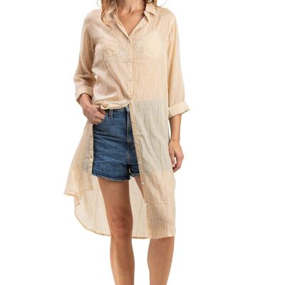 Long shirt "Esther Beige Tequila", 2 pockets, buttoned, straight hem, cotton SMLXL