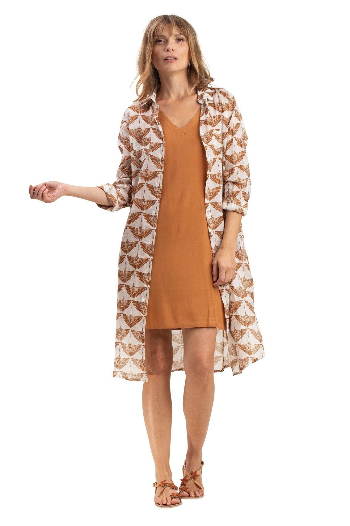 Robe droite "Marron noix de pécan", col V, sans manches, poches, viscose, SMLXL