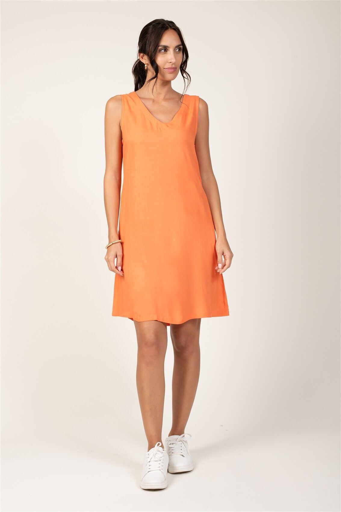 Abito dritto "Orange Twilight", scollo a V, senza maniche, tasche, viscosa, SMLXL